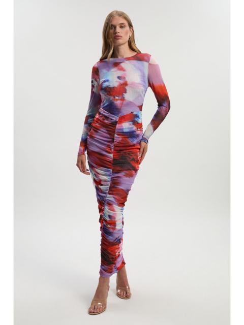 KAREN MILLEN Floral Printed Mesh Ruched Long Sleeve Maxi Dress
