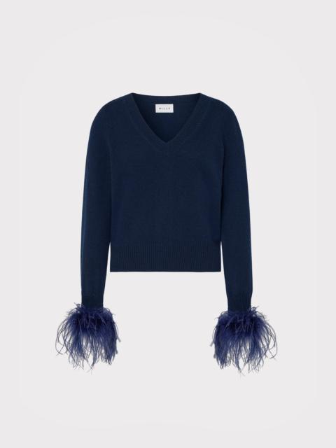 MILLY Feather Cuff V-Neck Sweater