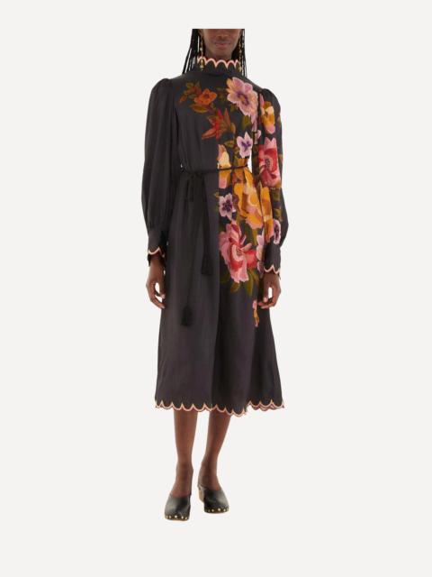 FARM RIO Black Chenille Flowers Midi Dress