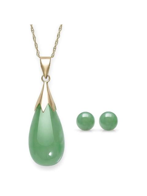 Other Designers Belacqua Natural teardrop Jade Pendant Necklace with Round Stud Earrings Set in 10K Gold, 18" Rope C