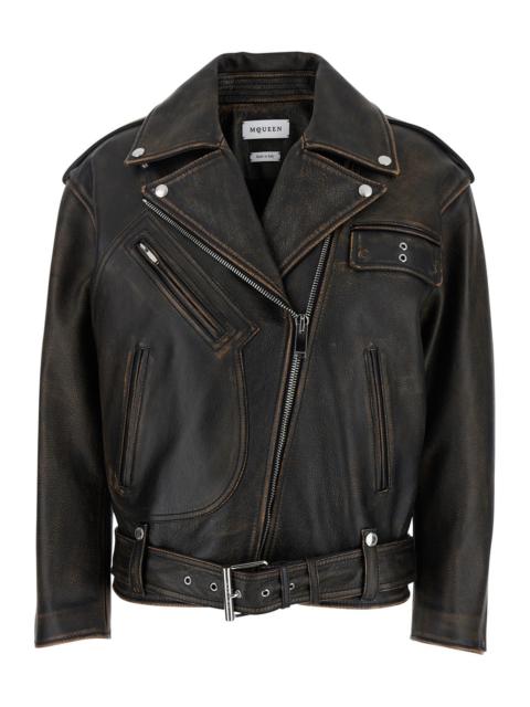 Alexander Mcqueen Women Antiqued Brown Biker Jacket With Wide Classic Lapels And Decentralized Zip C