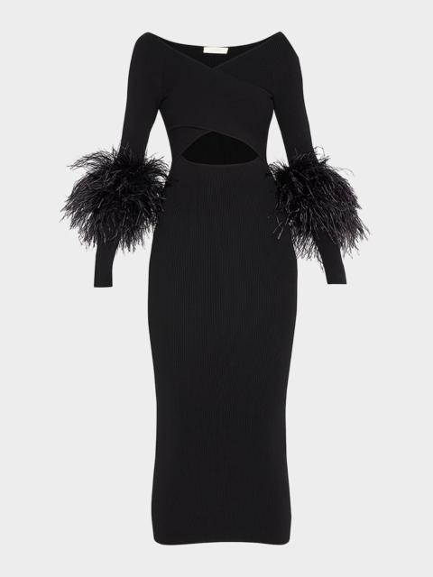 LAPOINTE Criss-Cross Cutout Midi Dress w/ Feather Trim