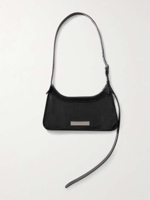 Embellished patent leather-trimmed mesh shoulder bag