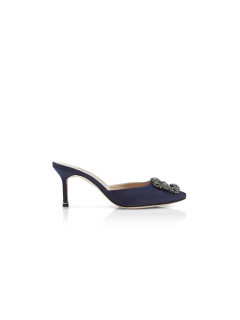 Manolo Blahnik Navy Blue Satin Jewel Buckle Mules