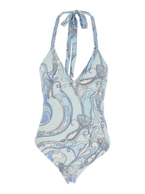 PUCCI Pucci Women Light Blue Swimsuit With Halterneck Tie Closure And All-Over Orchidea Print In Stretch T