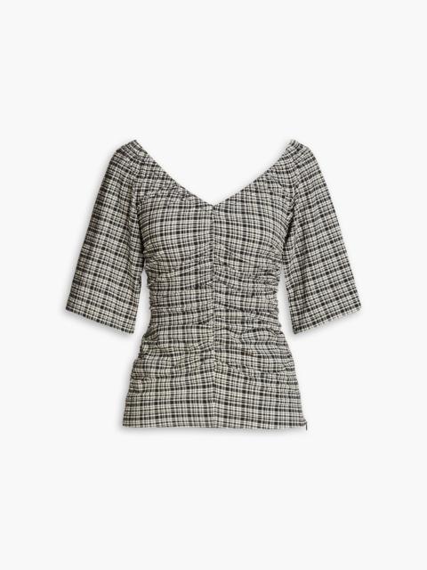 GANNI Ruched checked seersucker top