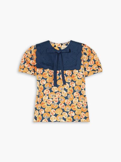SALONI Marlowe bow-detailed printed silk-twill and cotton broderie anglaise top