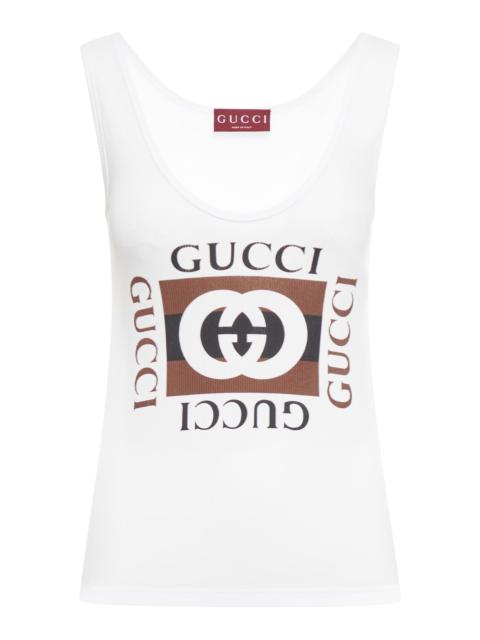 GUCCI RIBBED COTTON TANK TOP WITH GUCCI PRINT