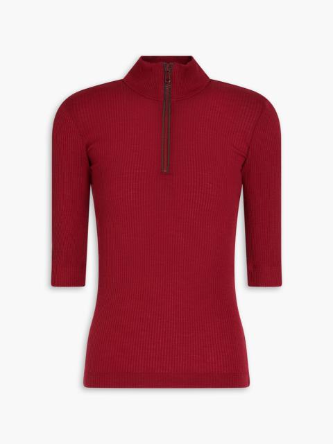 Brunello Cucinelli Bead-embellished ribbed wool half-zip turtleneck top