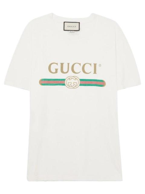 GUCCI Ivory Logo Printed Distressed Appliqued Tee Shirt