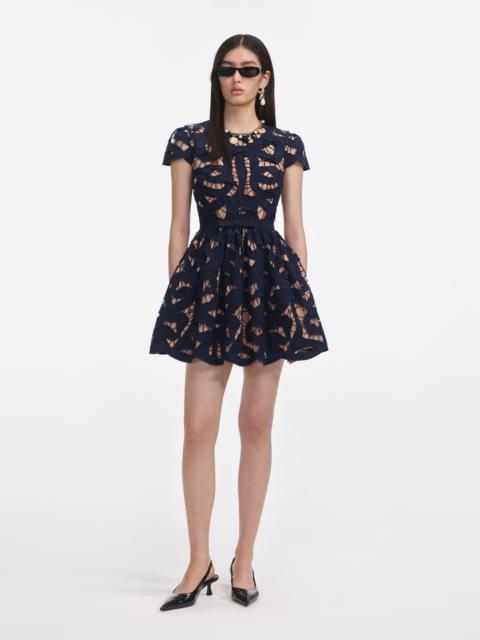 self-portrait Navy Bow Embroidered Mini Dress