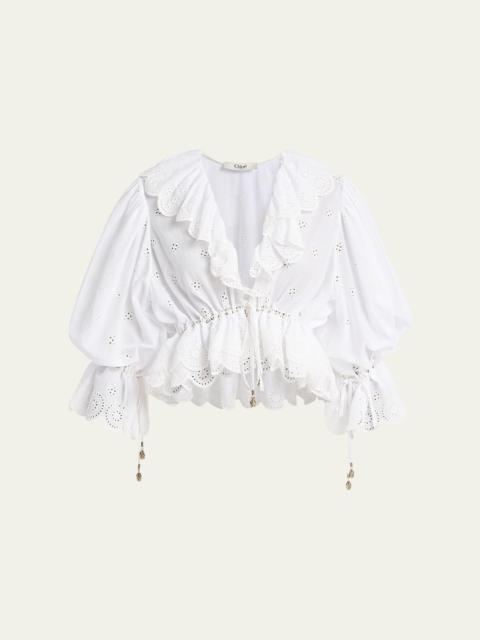Eyelet Cotton Ruffle Crop Peasant Blouse