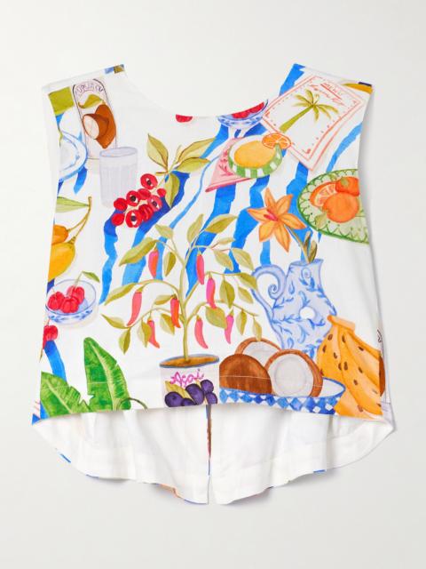 FARM RIO Cropped Open-back Printed Linen-blend Tank