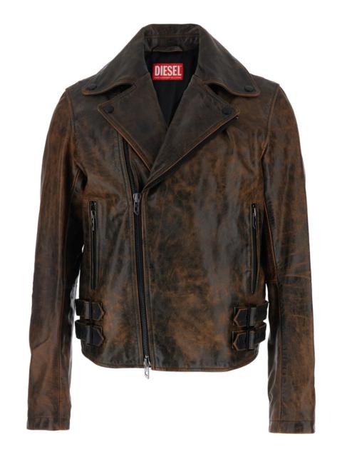 Diesel Diesel Men 'L-Eon' Brown Biker Jacket With Classic Wide Lapel And Distressed Look In Leather Man