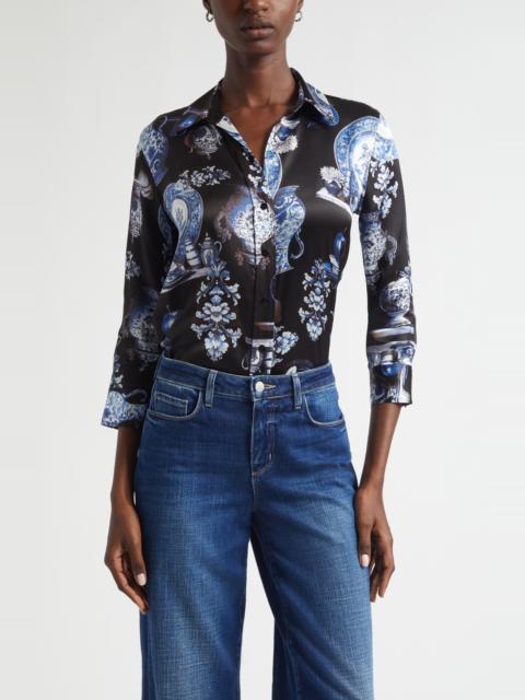 L'AGENCE L'AGENCE Dani Pottery Print Silk Button-Up Shirt in Black/Blue Porcelain Print at Nordstrom