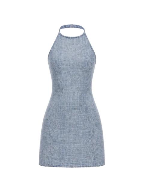 self-portrait Rhinestone Croc Effect Denim Mini Dress