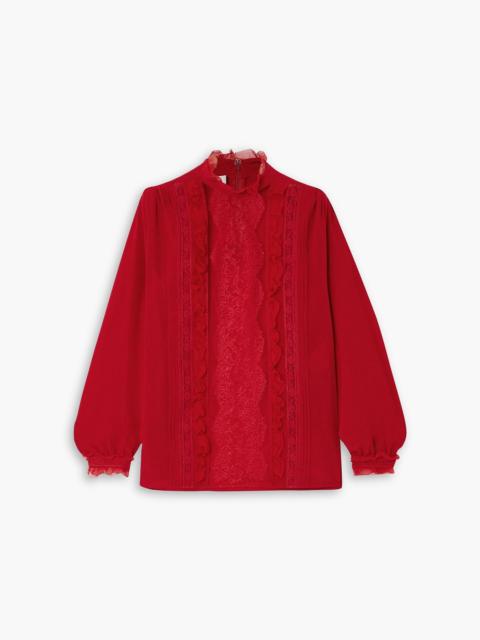 VERSACE Lace-trimmed ruffled silk crepe de chine blouse