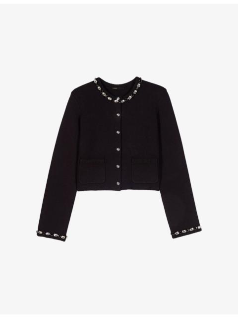 maje Cropped Jewel-Embellished Stretch-Knit Cardigan