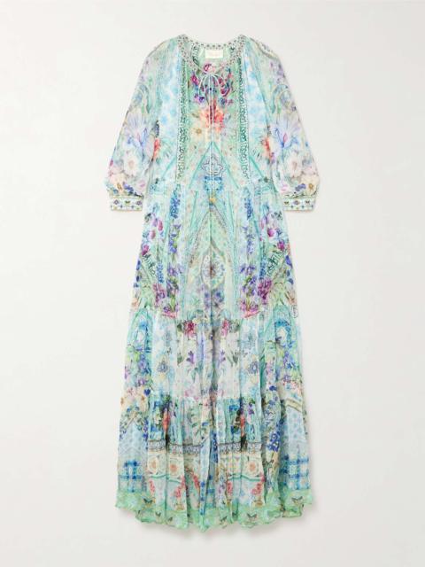 Embellished tiered printed silk-crepon maxi dress Blue