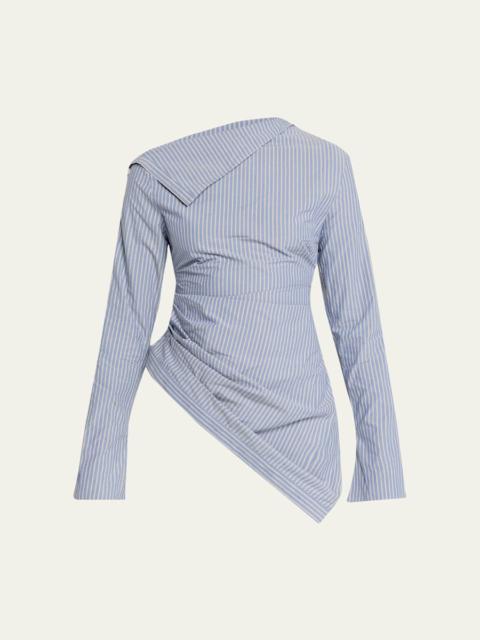 JANE/WADE Asymmetric Pinstripe Button-Sleeve Blouse