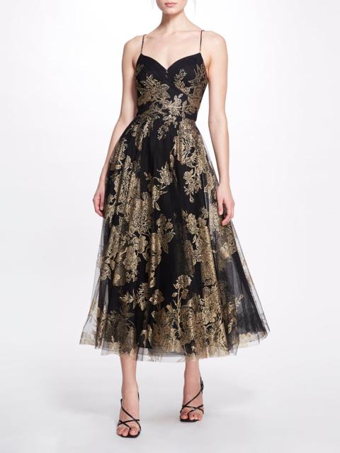 Marchesa FLORAL GLITTER TULLE TEA-LENGTH GOWN