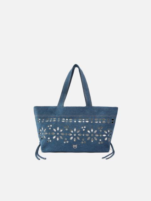 PINKO MEDIUM SHOPPER BAG IN DENIM WITH BRODERIE ANGLAISE