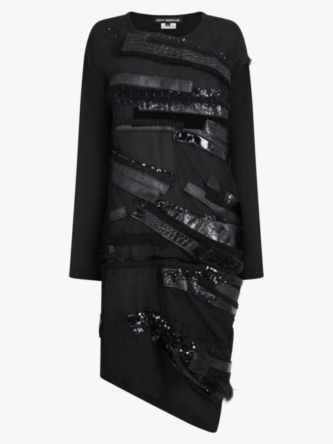 Junya Watanabe ASYMMETRIC L/S MIDI DRESS WITH LEATHER X SEQUIN PANELS | BLACK