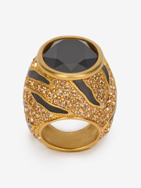 Roberto Cavalli Cocktail Ring With Crystals And Tiger Skin Pattern