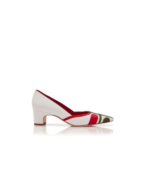 Manolo Blahnik White, Red and Green Nappa Leather Pumps