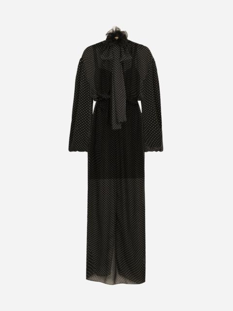 Dolce & Gabbana Long silk chiffon dress with polka-dot print, a pussy-bow detail and flower on neck