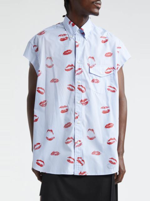 Stripe Lips Print Cutoff Sleeve Button-Down Shirt