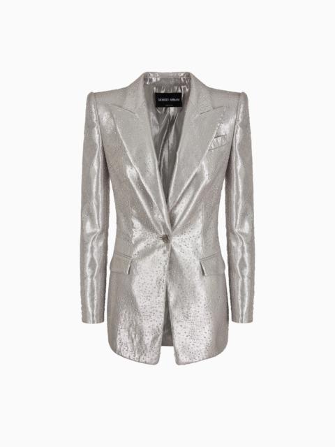 GIORGIO ARMANI Long single-breasted jacket in silk and tulle with rhinestone embroidery