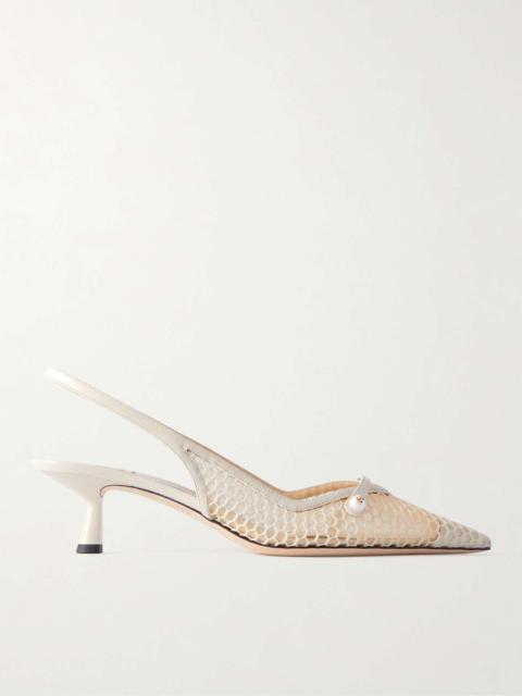 Amita 45 faux-pearl embellished leather-trimmed mesh slingback pumps White