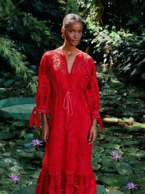 FARM RIO Red Morada Boa Guipure Maxi Dress
