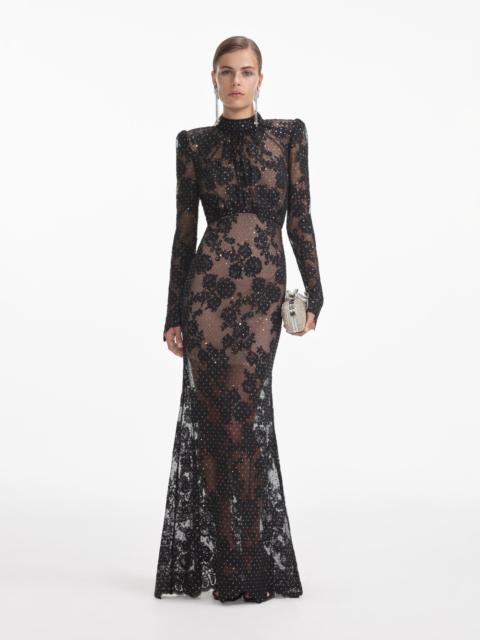 self-portrait Black Rhinestone Lace Maxi Dress
