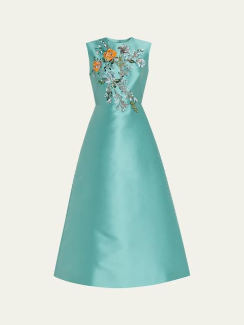 REEM ACRA Embroidered Mikado Silk Sleeveless Midi Dress