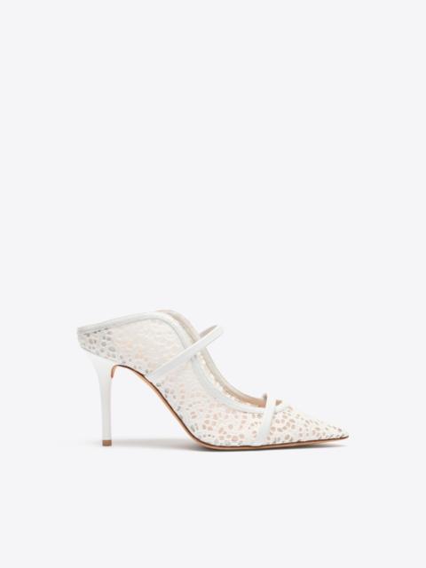MALONE SOULIERS Maureen 85 White Broderie Mesh Heeled Mules