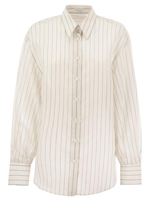 Brunello Cucinelli Sparkling Stripe Cotton Silk Poplin Shirt With Necklace