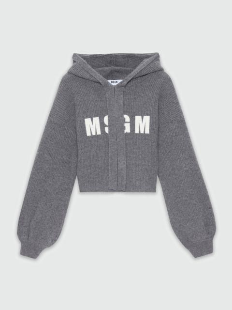 MSGM Anthracite cashmere blend hooded sweater with MSGM logo
