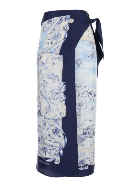 FERRAGAMO Ferragamo Women Blue Wraparound Skirt With Drawstring Waist Closure And All-Over Print In Silk For W