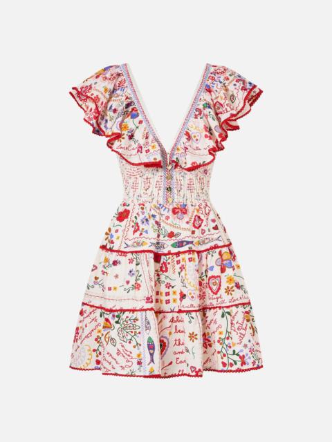 CAMILLA TIERED SHORT DRESS WITH NECK FRILL