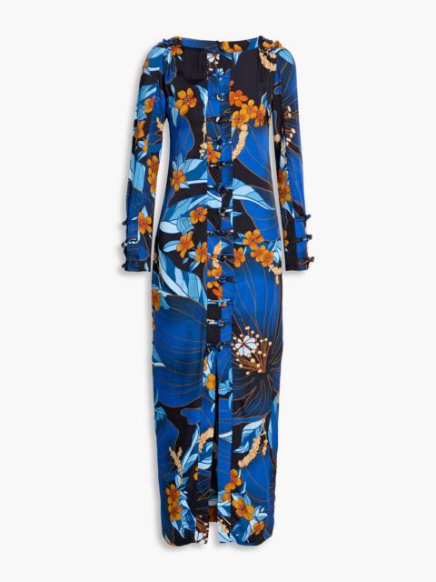 FARM RIO Knotted floral-print satin maxi dress