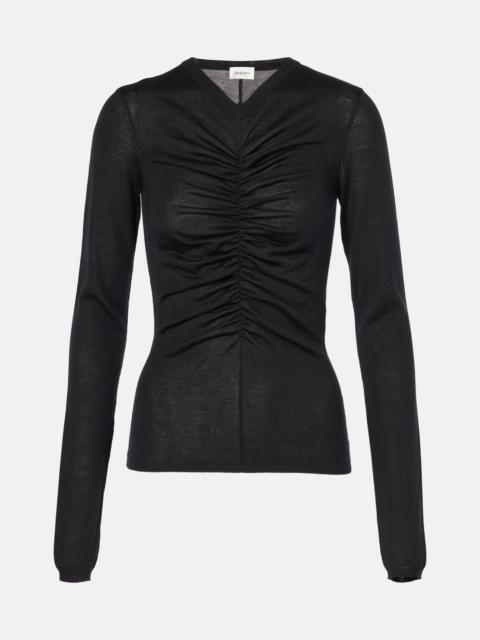 Ruched cashmere, wool and silk top