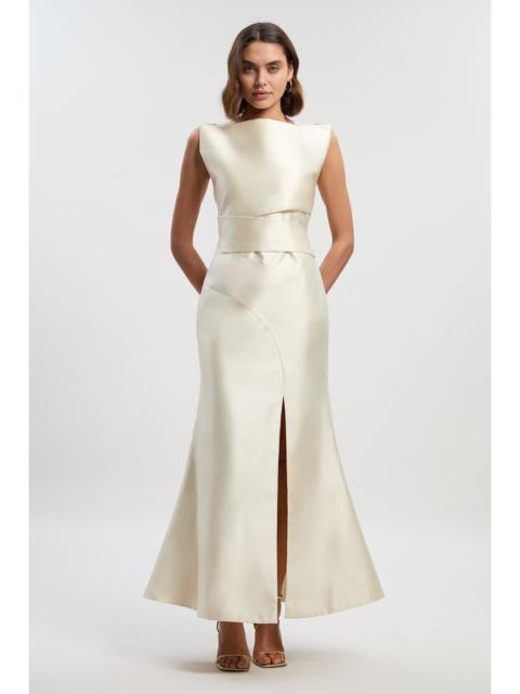 KAREN MILLEN Satin Twill Draped Waist Structured Tailored Maxi Dress