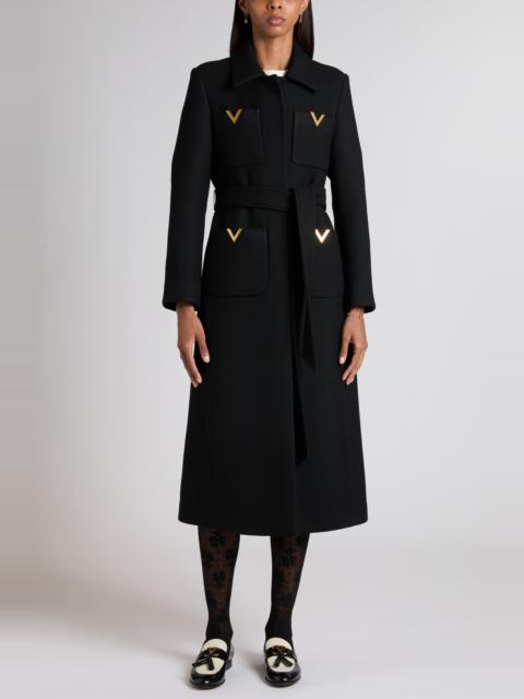 Valentino Valentino Garavani V-Detail Belted Virgin Wool & Silk Drill Coat in Black at Nordstrom