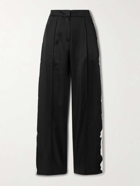 Guipure lace-trimmed satin wide-leg pants Black
