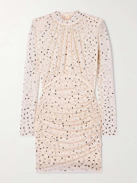 Embellished gathered mesh turtleneck mini dress