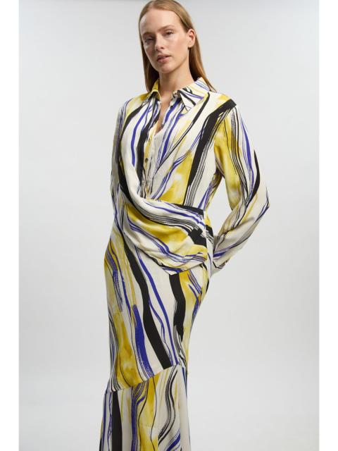 KAREN MILLEN Petite Brush Stroke Print Twill Woven Maxi Shirt Dress