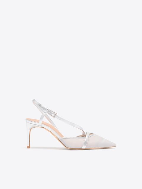 MALONE SOULIERS Valeria 70 Silver Shimmer Organza Heeled Slingbacks