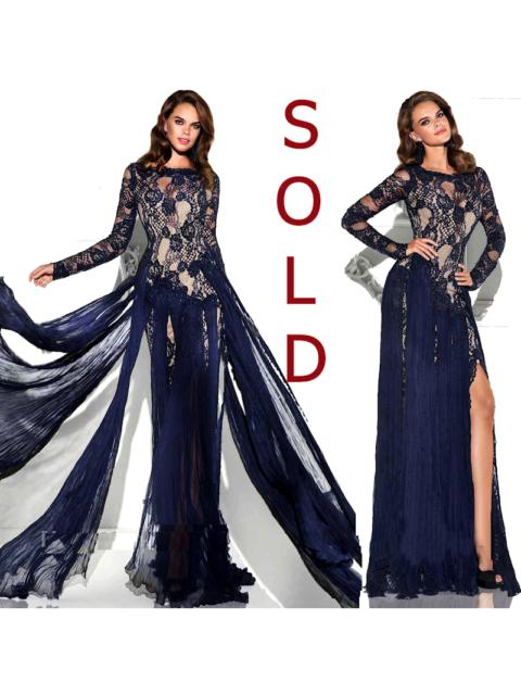 TARIK EDIZ Navy Beaded Lace & Nude Illusion Gown w/ 90's Car Wash Slits #92690
